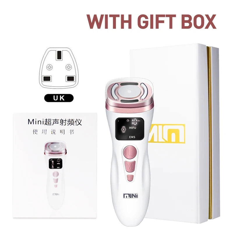 White and rose gold mini HIFU facial device with digital display, manual, and gift box. Includes UK plug.
