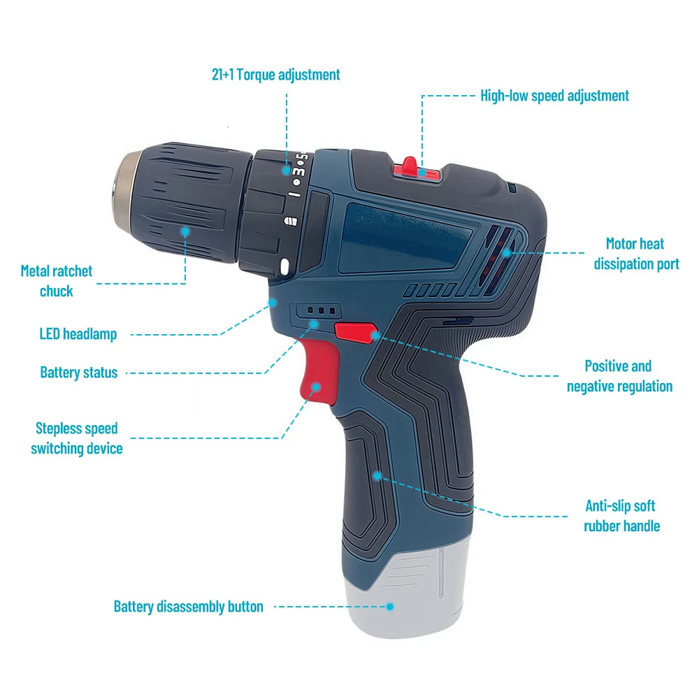 Podofo 12V Cordless Professional Electric Drill Cordless Driver Heavy Duty Multifunctional For Wood Metal Plastic Drilling Household Diy Tools Maintenance Assembly Ergonomic Design