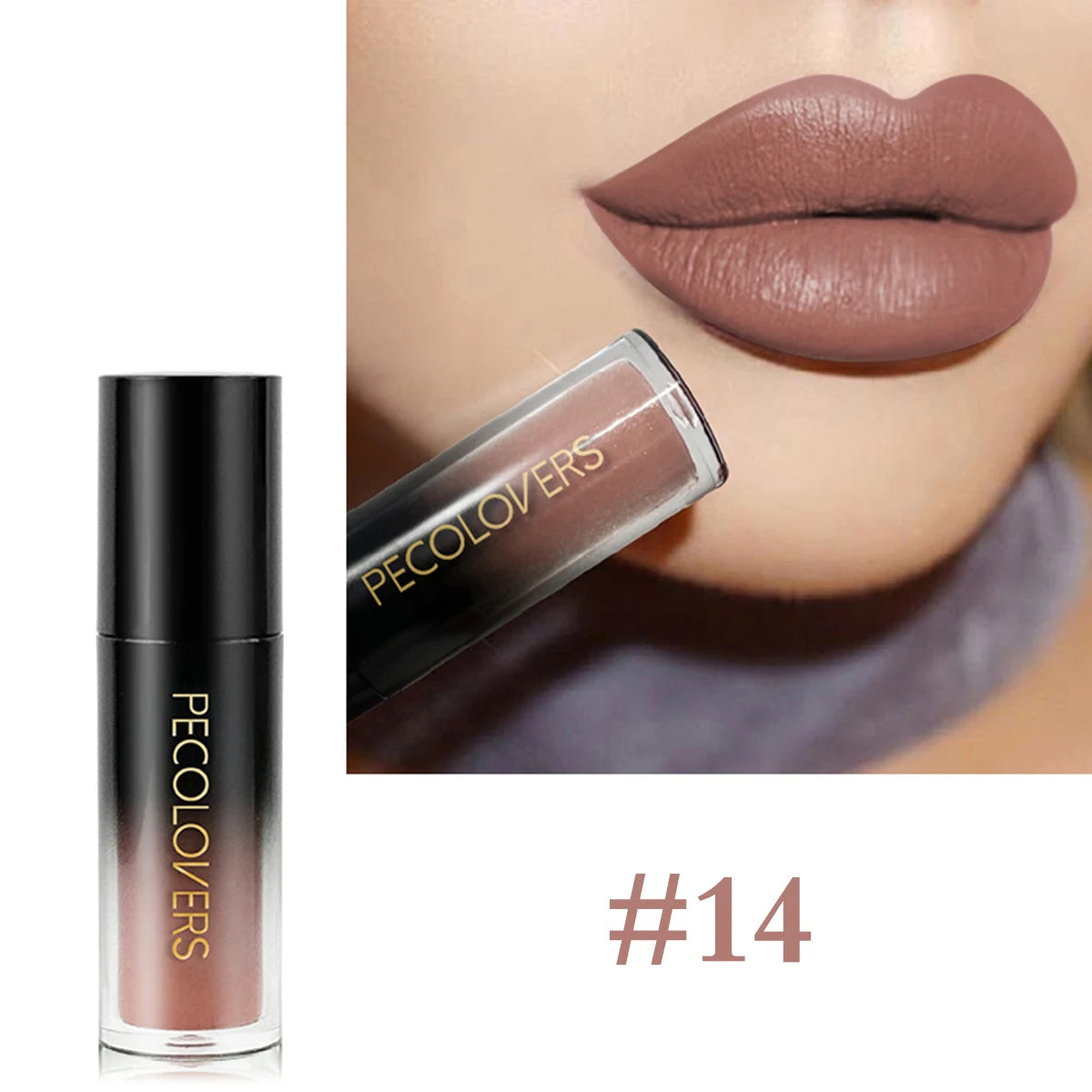 Pecolovers #14 velvet matte liquid lipstick in nude brown, waterproof, long-lasting, non-stick cup formula on lips.