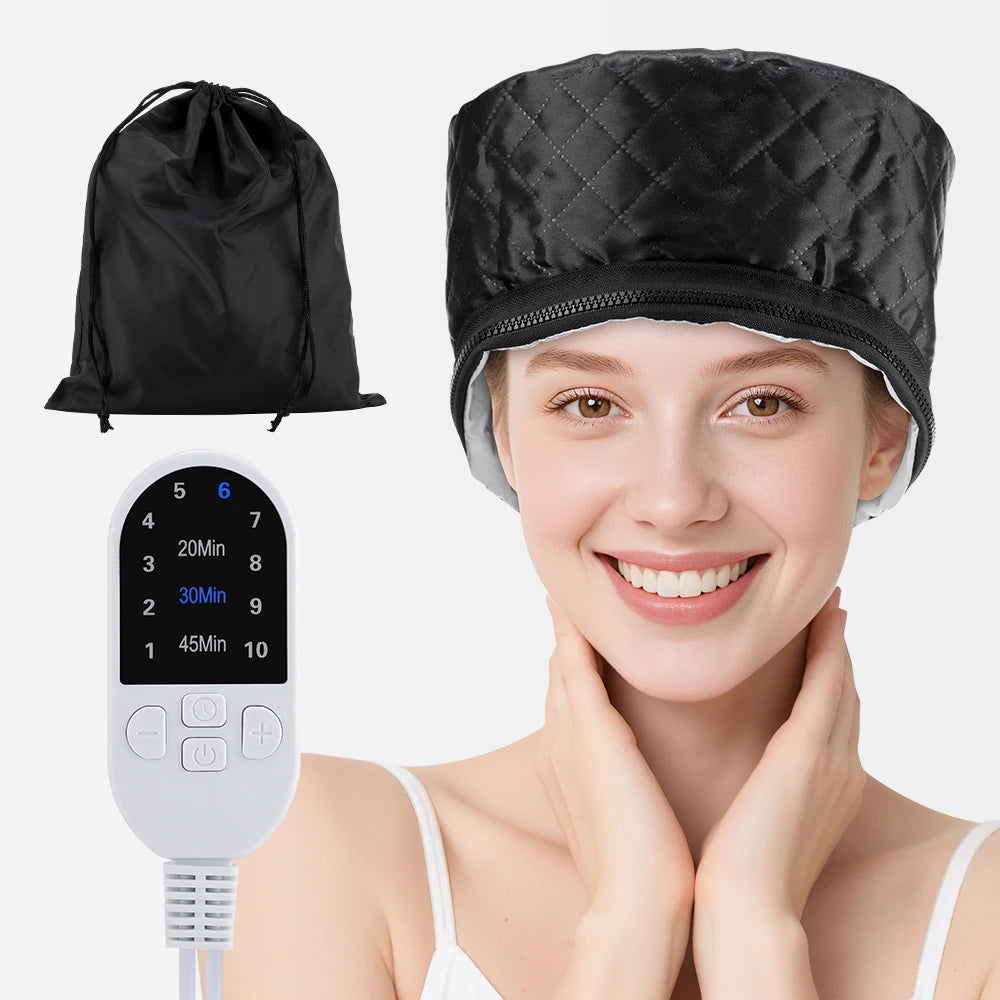 Black quilted electric hair steamer cap with 10 heat levels, timer settings, and carrying bag for deep conditioning.
