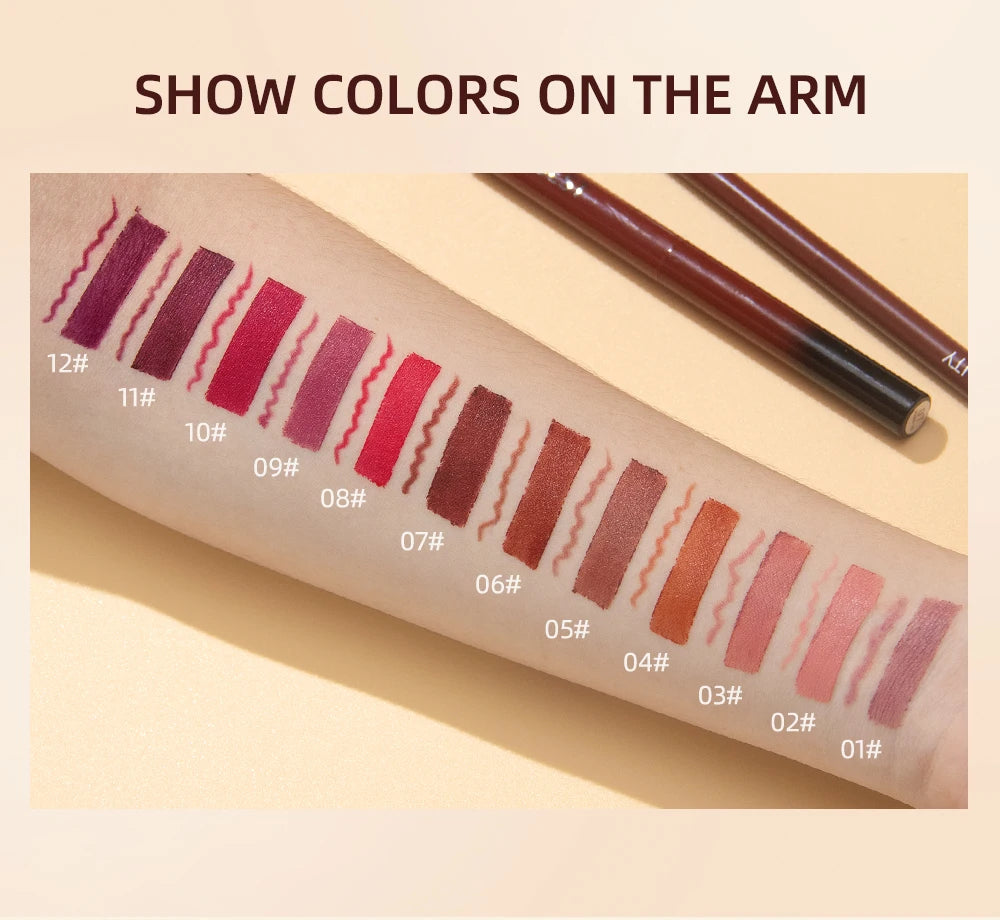 QIBEST matte lip liner and lipstick swatches on arm, featuring 12 waterproof, long-lasting nude to bold pigment shades.