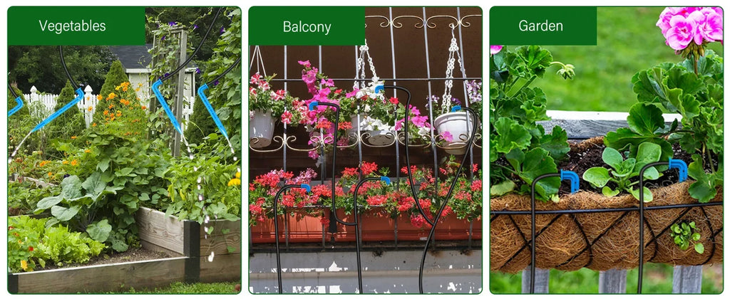 Solar drip irrigation system watering vegetables, balcony planters, and garden beds
