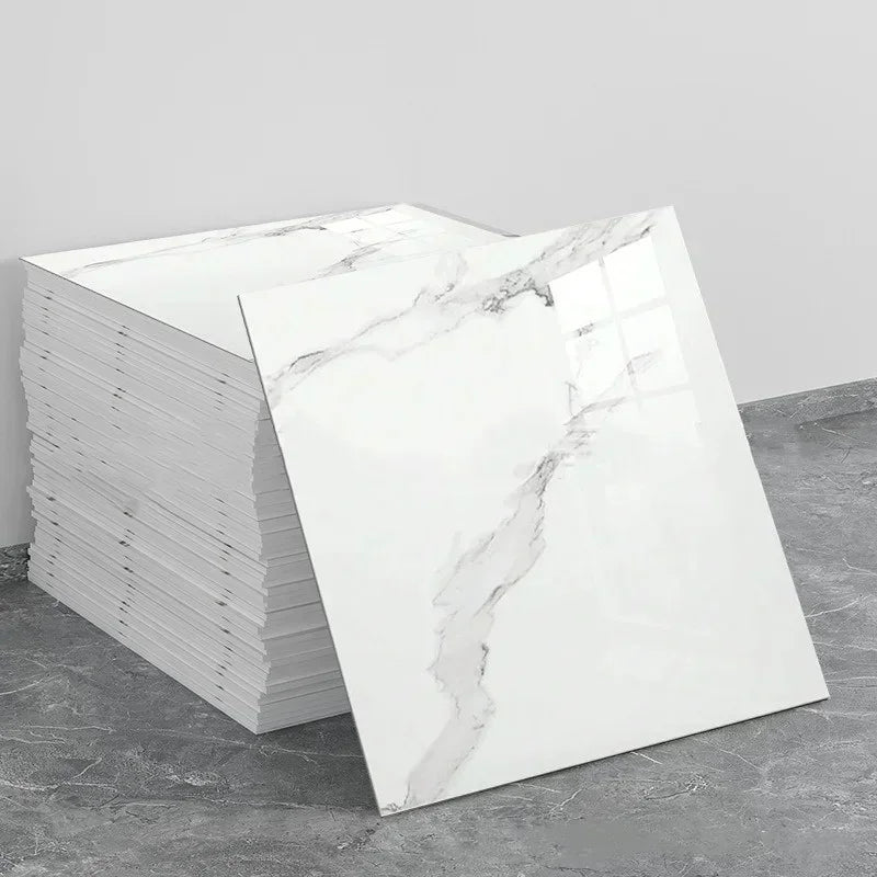 Marble peel-and-stick backsplash wall panel sheets in white with subtle gray veining