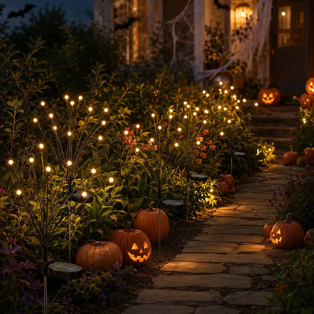 2 Pack Halloween Solar Firefly Lights 16 LED Spooky Garden Decoration Lights, Warm White Solar Powered Outdoor Pathway Lights with 2 Lighting Modes for Yard Lawn Patio Walkway Tree Fence Party Holiday Decor