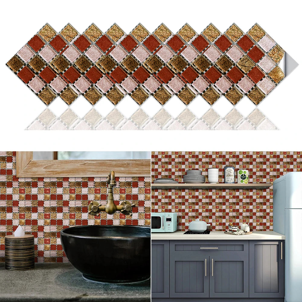 10pcs Flat Mosaic Style Tiles Sticker Kitchen Bathroom Waterproof & Oilproof Art Wall Sticker Peel & Stick Surface Glossy Film