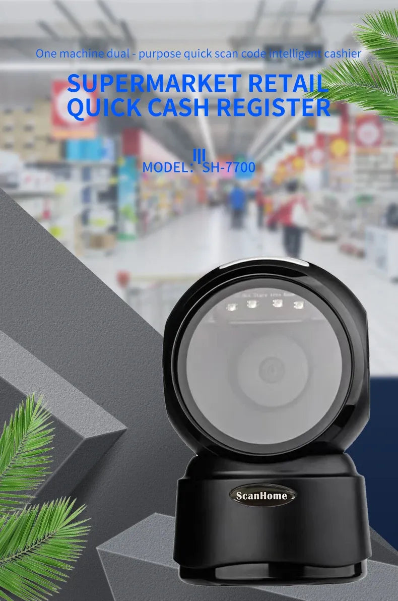 ScanHome 2D scanner on base, front view with prominent circular scanning window