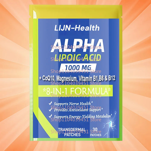 Alpha Lipoic Acid transdermal patches with Magnesium Glycinate for nerve health, 30-count pack, front view.