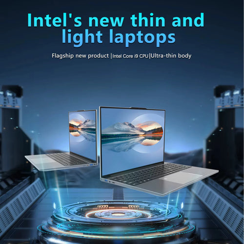 Two thin silver laptops with narrow bezels, full-size black keyboards, and visible USB ports on a sci-fi background.