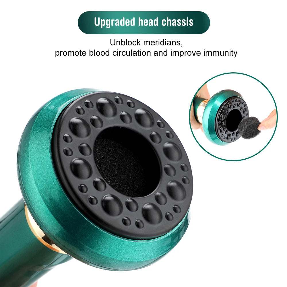Green electric cupping massager with upgraded head chassis for vacuum suction, Gua Sha, and anti-cellulite therapy.