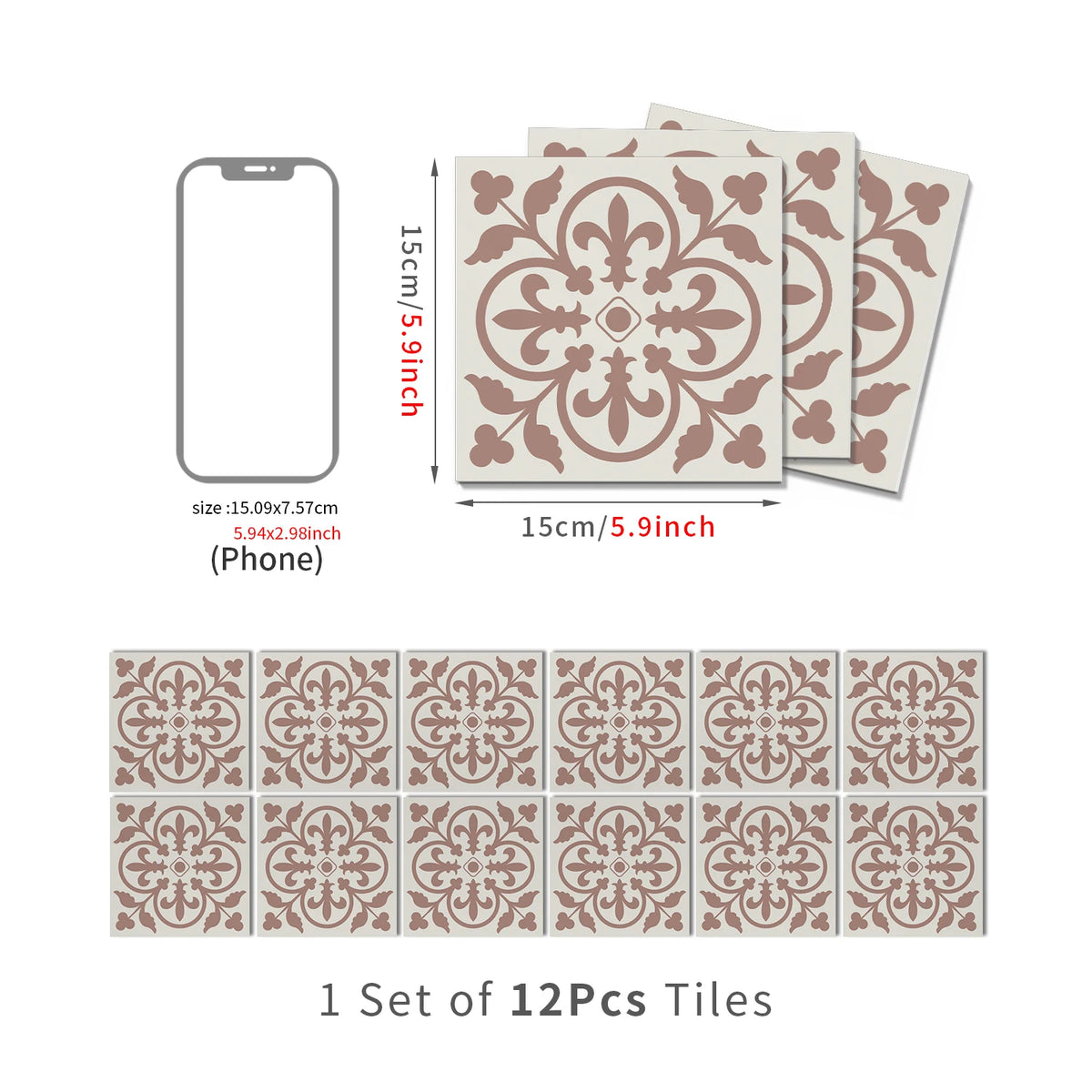Set of 12 Moroccan peel-and-stick tile stickers, light tan with white ornate damask.