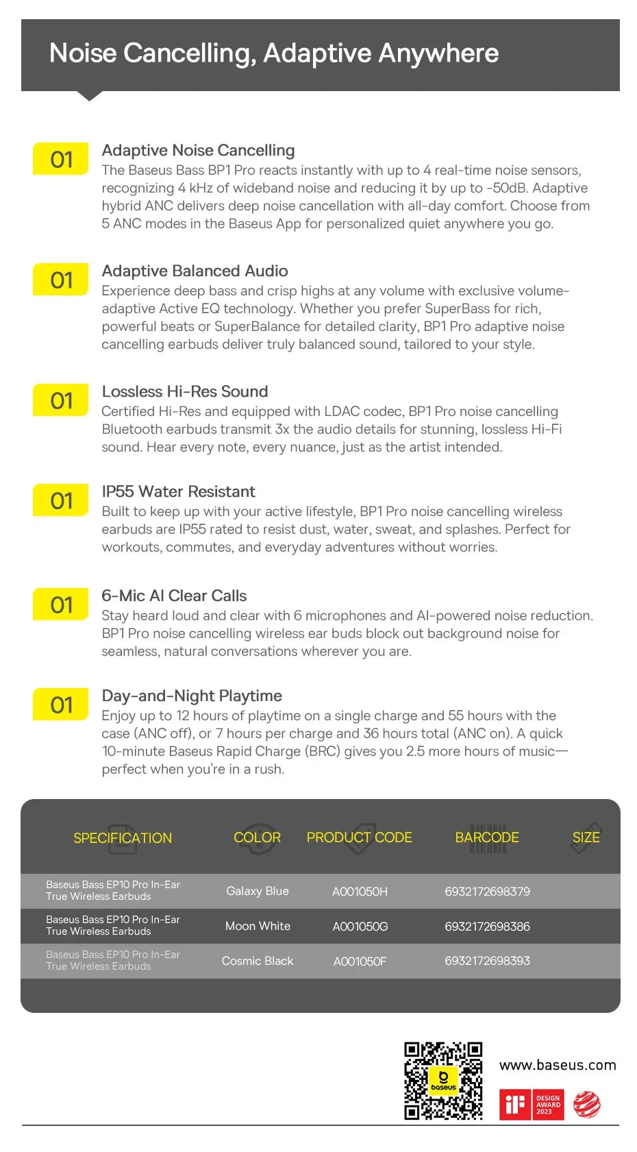 Baseus EP10 Pro ANC Earbuds Wireless Bluetooth 6.0 Earphones 50dB Realtime Adaptive Headphones 6 Mic Hi-Res LDAC IP55 Ear buds Tidesmit