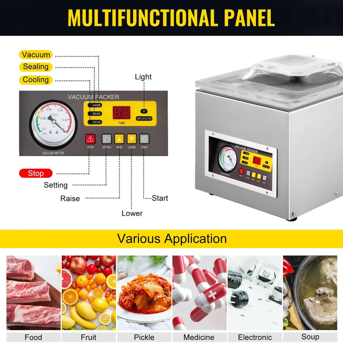 SIHAO Vacuum Packing Machine DZ-260C Chamber Vacuum Sealer with 12.6" Sealing Length for Foods Meats Applied in Kitchen