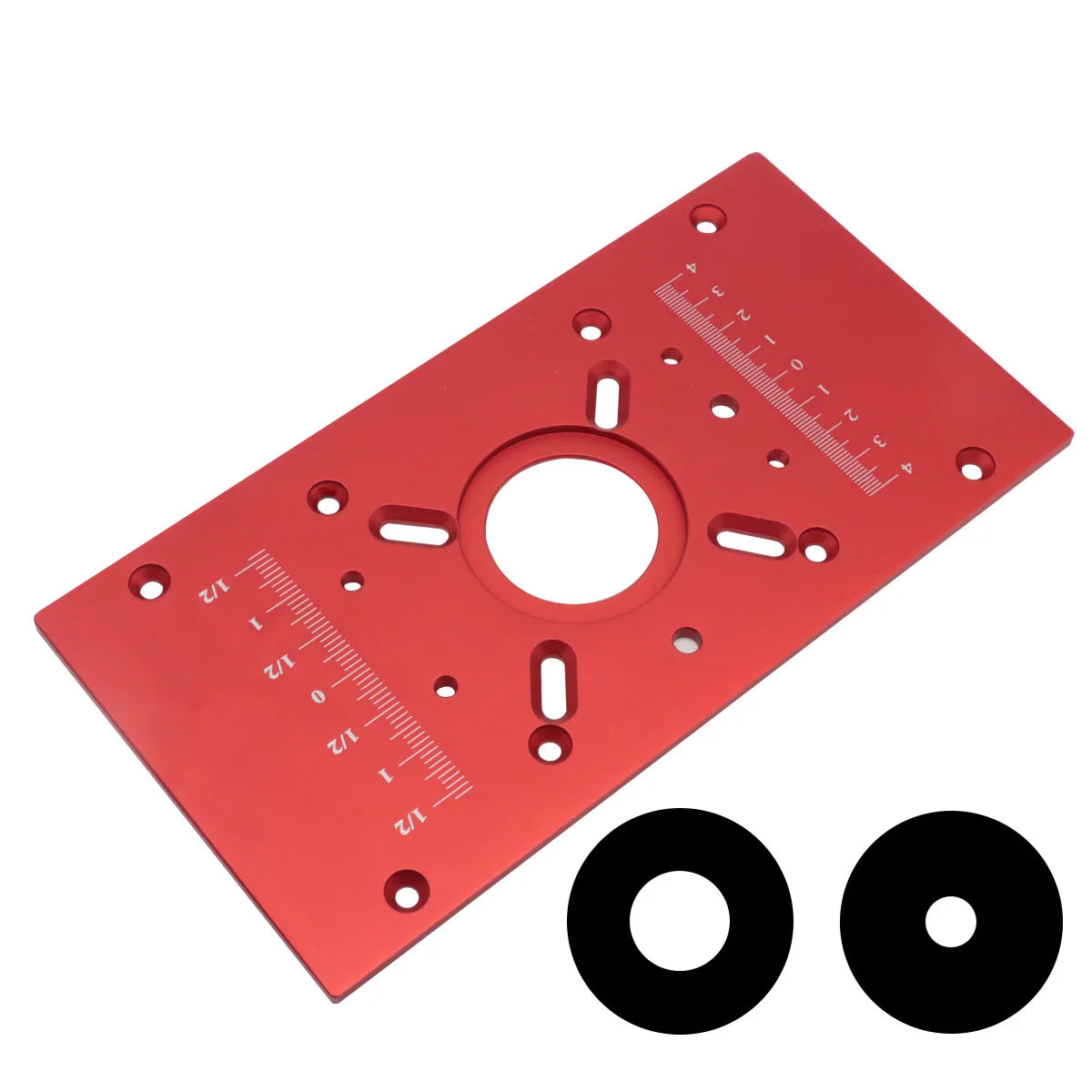 Red aluminum router insert plate with measuring scale and mounting holes plus two black rings