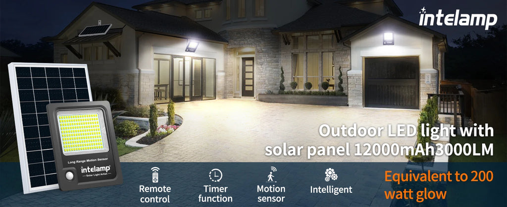 Intelamp 12000mah 3000LM Solar Lights Outdoor Lamp IP66 With Larger Solar Panel Two Motion Sensors For Garden Street Wall Yard