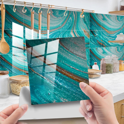 Turquoise faux stone tile wall sticker sheet, peel-and-stick backsplash decoration