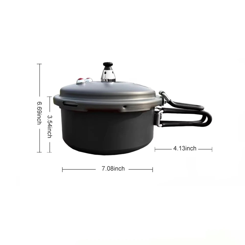 Gray round pressure cooker with vent cap, domed lid, and two side carry handles