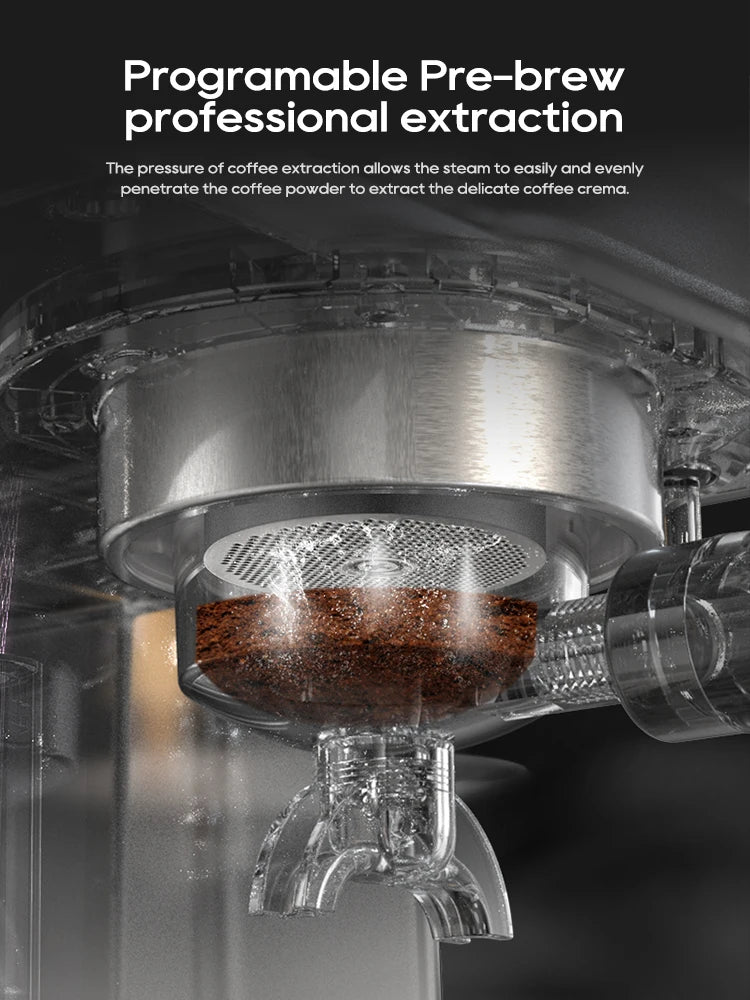 Close-up of metal espresso machine filter holder extracting coffee with visible grounds and professional crema system.