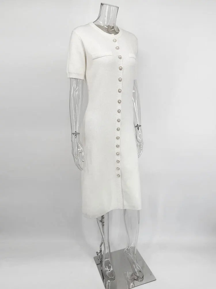 Tossy White Elegant Knitwear Maxi Dress For Women Short Sleeve Ribbed Slim High Waist Cardigan Dress Female Knit Long Dress 2025