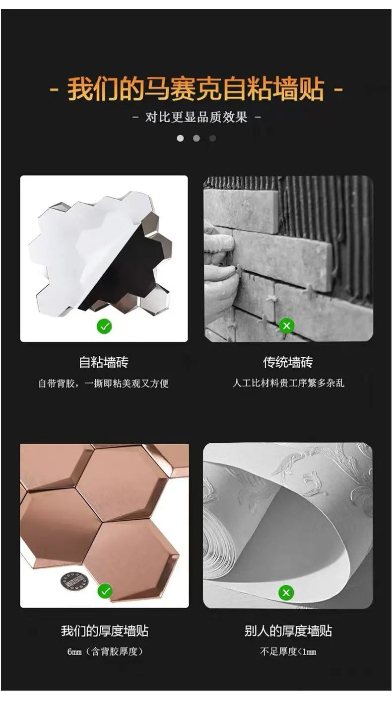 Hexagon Self-Adhesive Metal Mosaic Tiles, 3D Stainless Steel Look Aluminum Plastic Panel, Peel and Stick for Living Dining