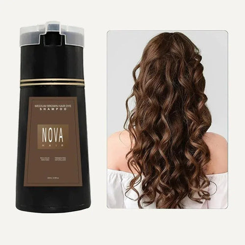 Nova 3-in-1 hair coloring shampoo, oil control and fluffy hair dye in eco-friendly plastic-free shampoo bar style bottle.