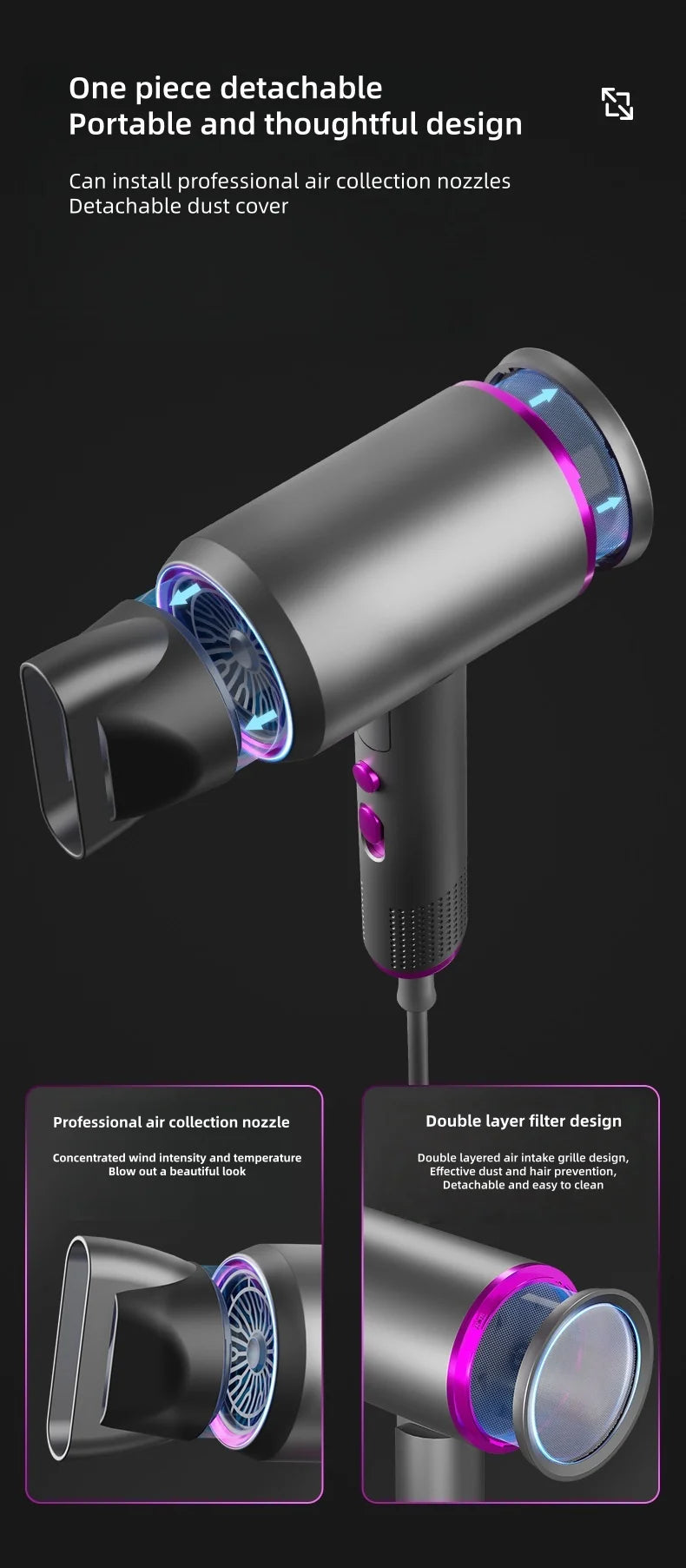 Portable 2400W grey foldable hair dryer with purple accents, air nozzle attachment, and detachable filter.