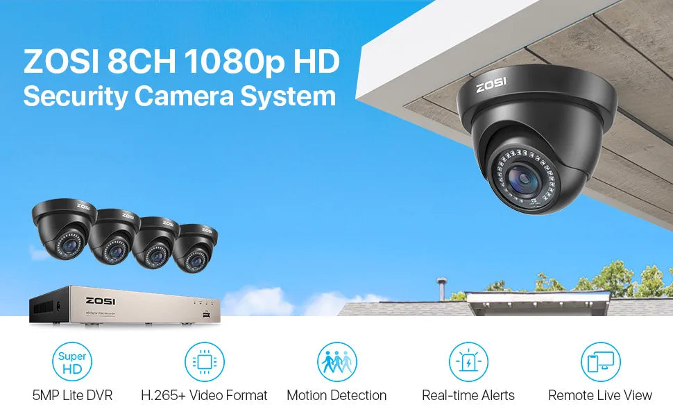 ZOSI 8CH Security Camera System H.265+ 5MP Lite HD-TVI Video DVR recorder 4x1080P Indoor Outdoor Wired Surveillance CCTV Cameras