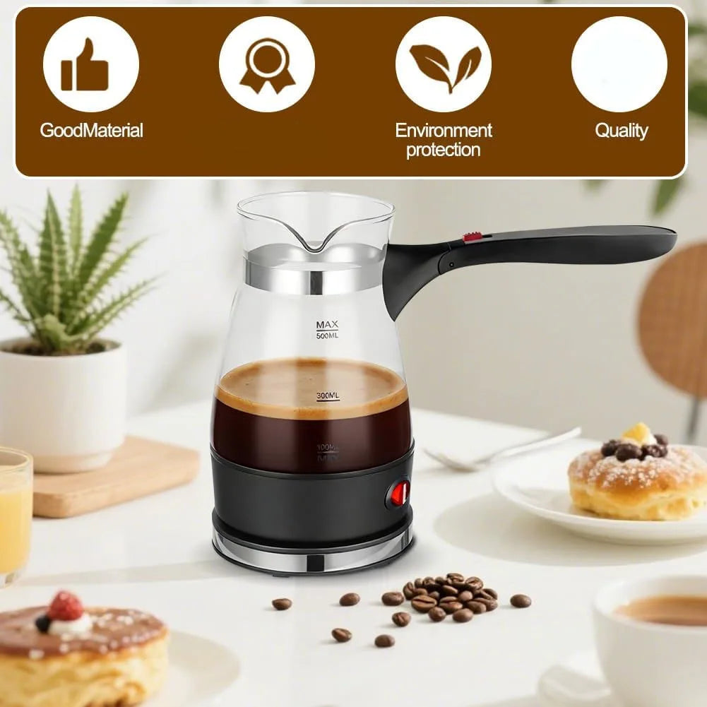 500ml electric glass Turkish coffee maker with black base, ergonomic handle, and coffee level markings on a table.