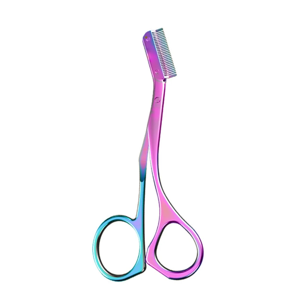 Iridescent stainless steel eyebrow trimmer with built-in comb for professional shaping and precise hair grooming.