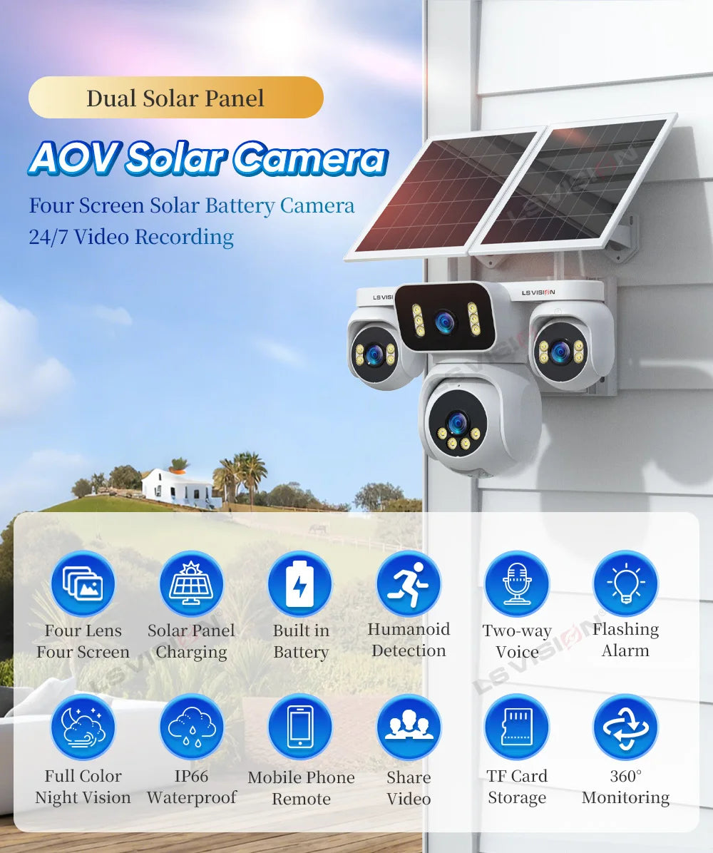 LS VISION 20MP Four Screens Solar Security Camera Outdoor 12X Zoom 4-Lens 4G Sim Ai Tracking Waterproof CCTV 24/7 Recording AOV