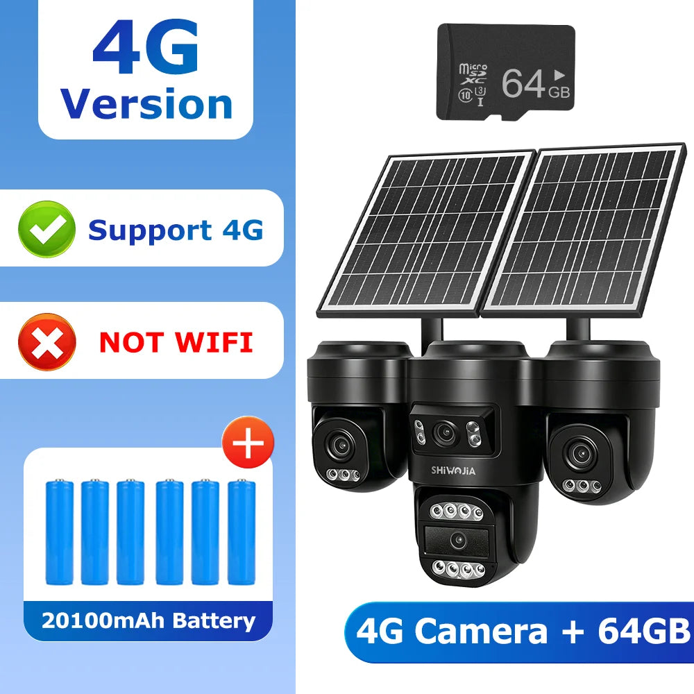 4G solar security camera with quad lenses, two solar panels, microSD 64GB