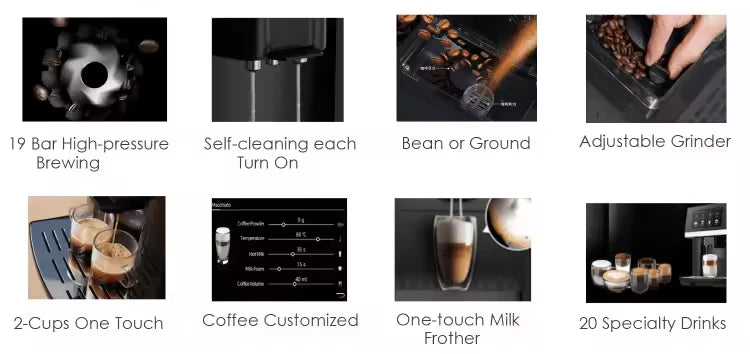 Black automatic espresso machine with 19-bar pressure, adjustable grinder, milk frother, and 20 custom drink settings.