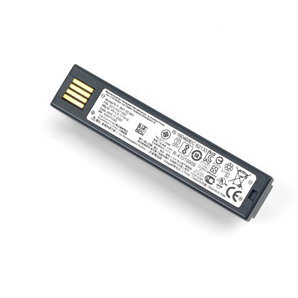 Barcode scanner battery pack with long label and gold charging contacts on black case