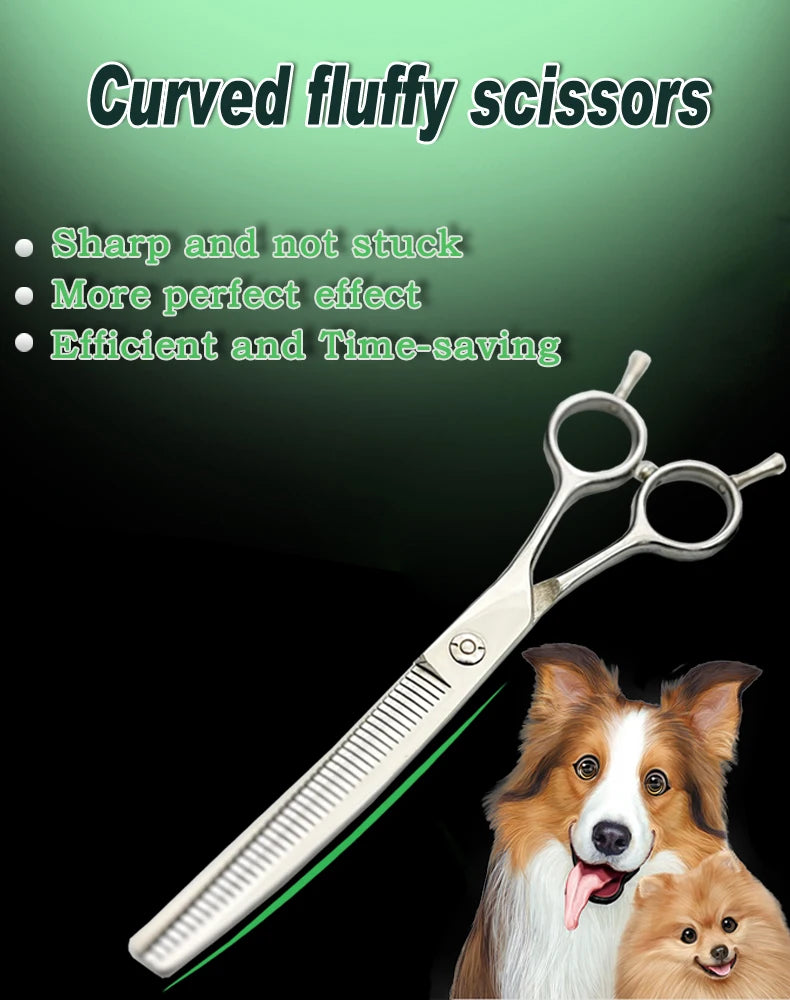 7" silver bent fishbone dog grooming shears for professional, efficient pet hair trimming and fluffy styling.