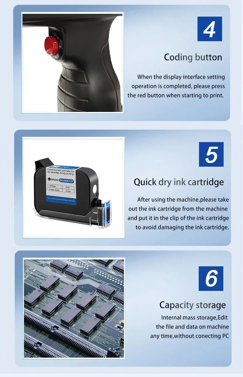 Handheld inkjet printer close-up with coding button and quick dry ink cartridge