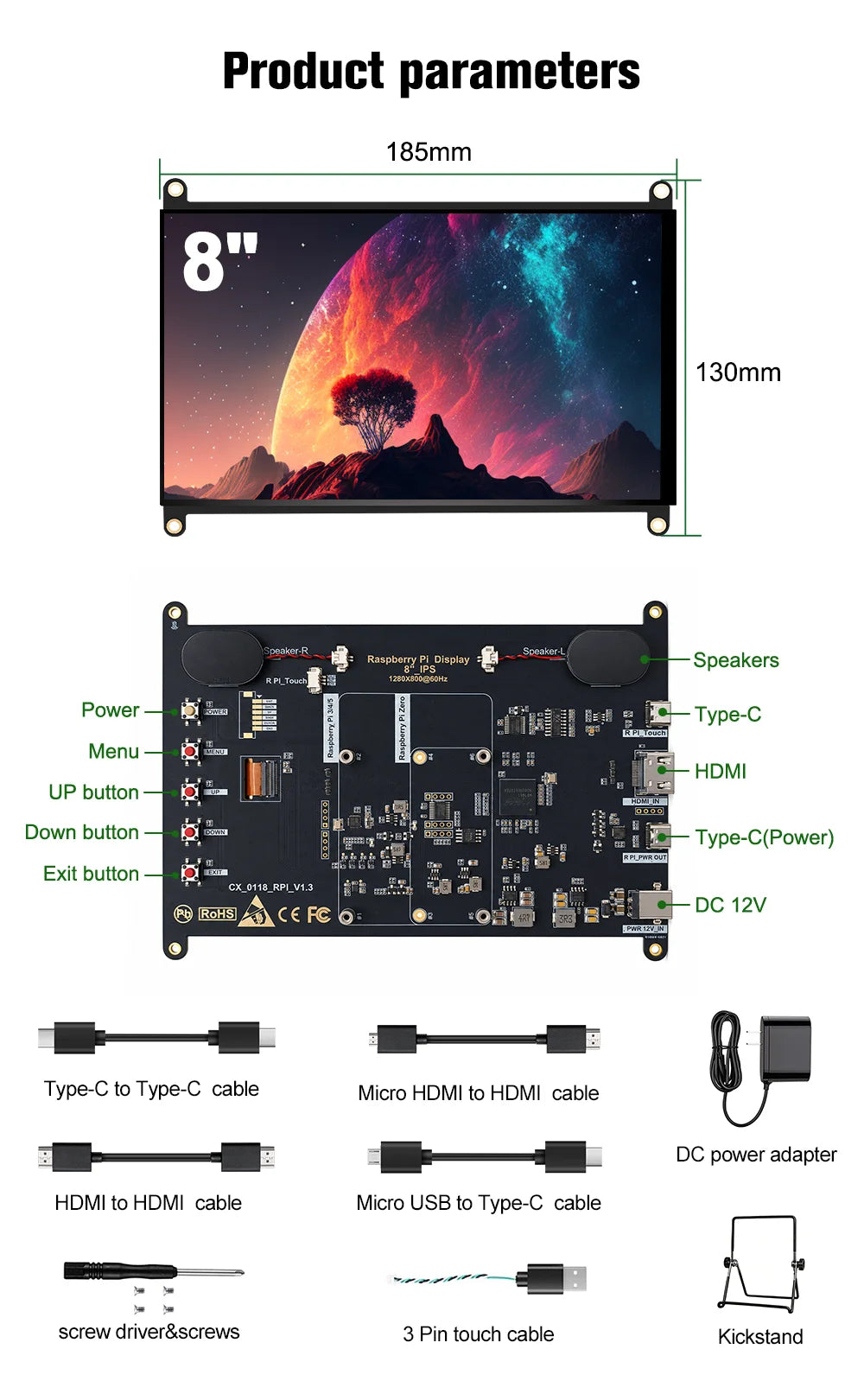 8 Inch Raspberry Pi Touch Monitor 1920×1200 IPS 10-Point Touch Screen Built-in Speaker HDMI Display for Pi 5 4B PC Case 3D Print