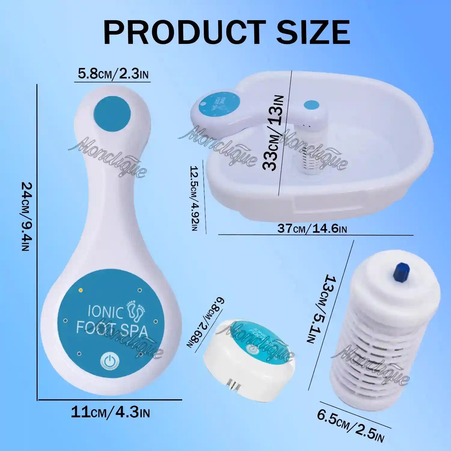Hydrogen therapy ionic foot spa basin and detox array massager with detailed product dimensions in white and blue.