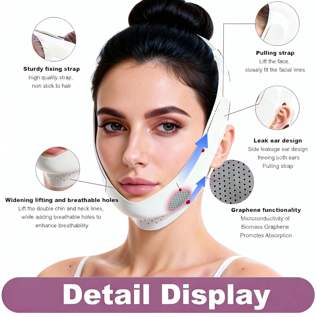 Woman wearing a white, perforated V-line facial lifting support band with ear cutouts and adjustable straps.