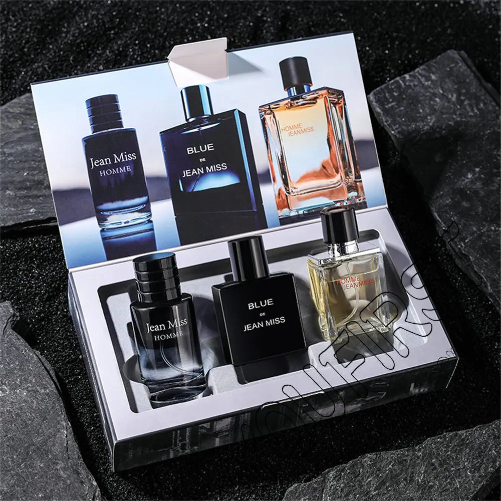 Jean Miss 3-piece men's cologne gift set. Includes square and rectangular bottles of long-lasting masculine perfume.