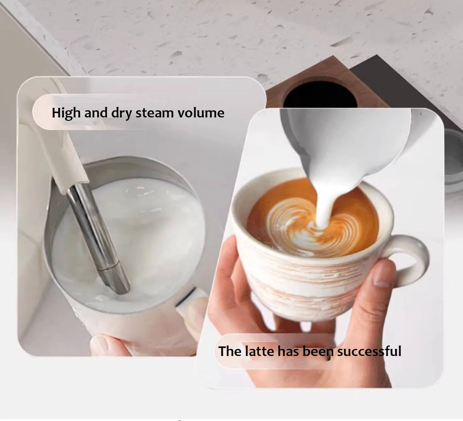 White espresso machine steam wand frothing milk in a steel pitcher and pouring latte art into a ceramic cup.