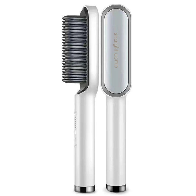 White portable ceramic hair straightening brush with heating bristles for professional salon styling at home.