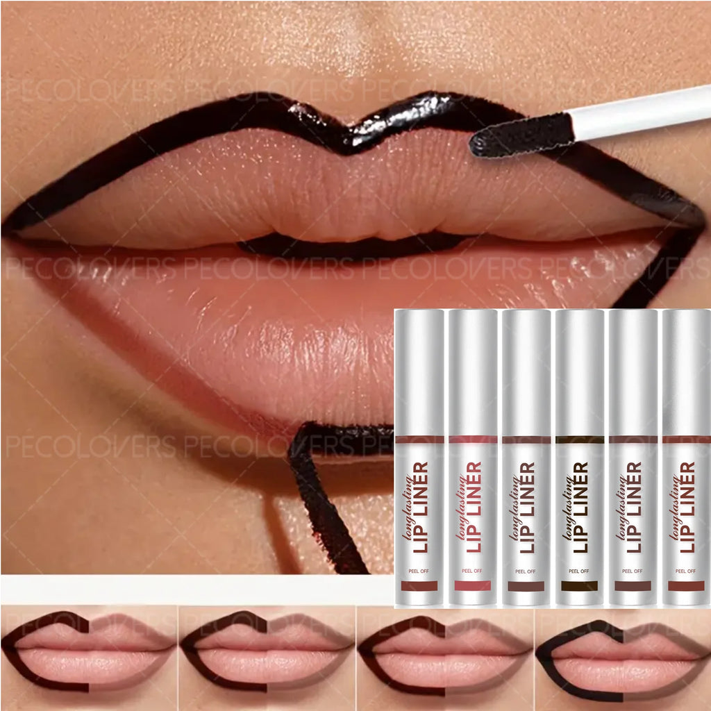 Waterproof peel-off matte lip liner being applied to lips; long-lasting lip makeup kit in various shades.