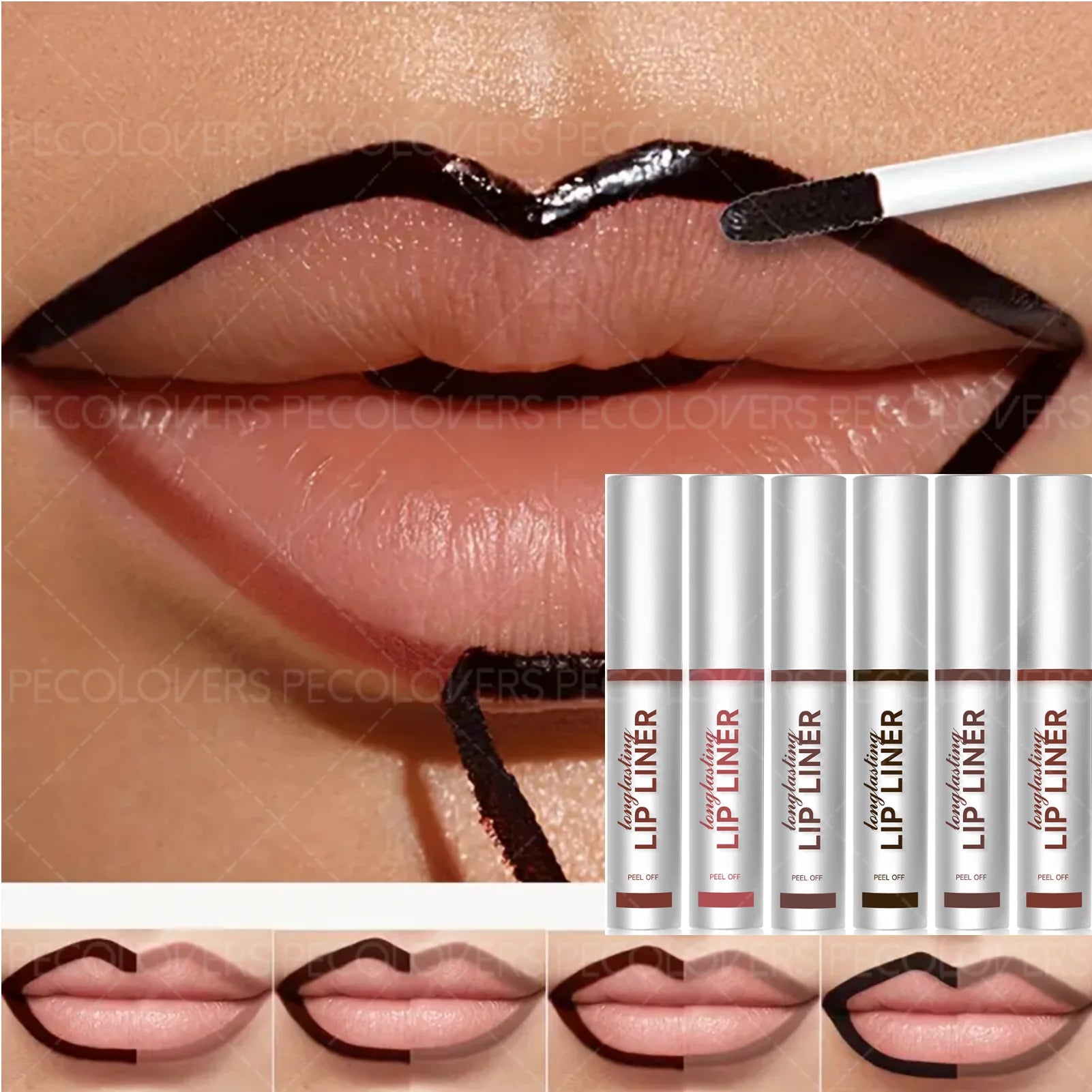 Waterproof peel-off matte lip liner being applied to lips; long-lasting lip makeup kit in various shades.