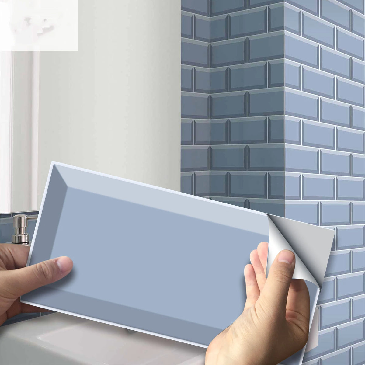 Peel-and-stick brick tile decal sheet in light blue with white trim
