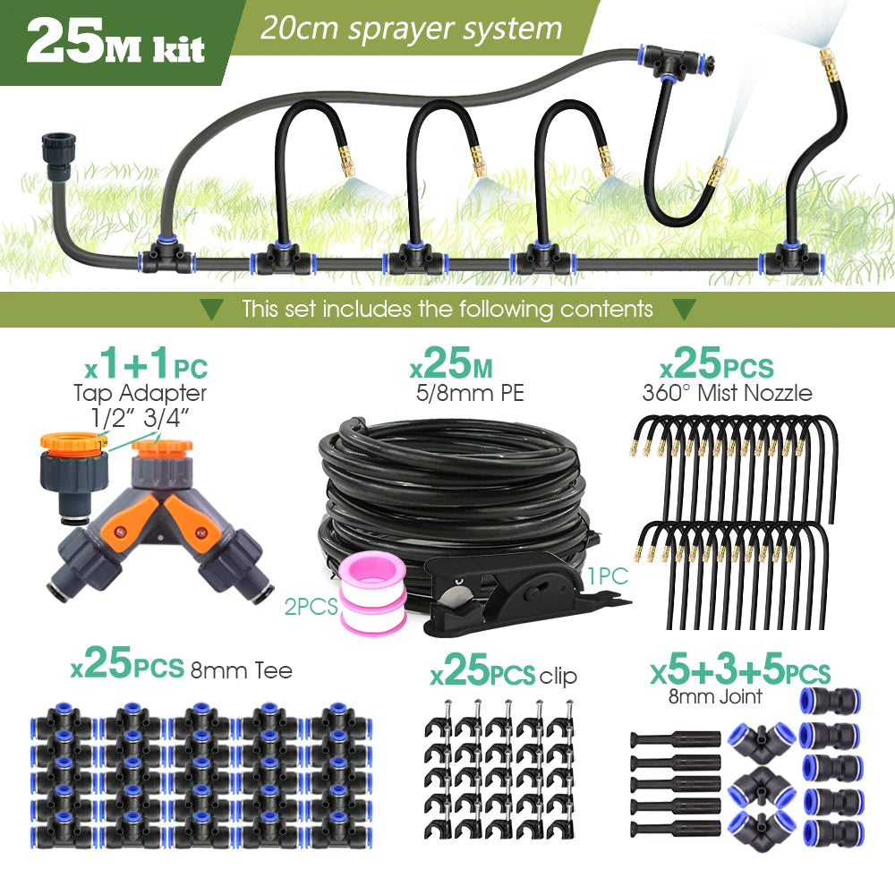 25m garden misting system kit: 5/8mm PE hose, tap adapter, 360 mist nozzles