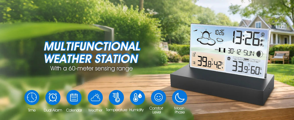 Indoor/Outdoor Weather Station With Alarm Clock – Accurate Thermometer, Hygrometer & 7-Day Forecast Calendar, For Desktop