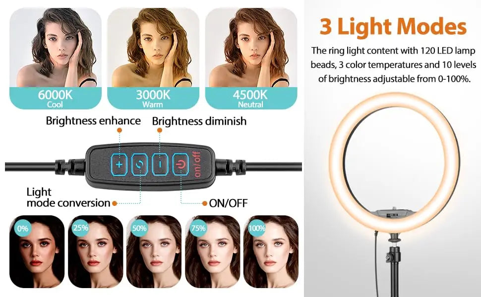 LED ring light with adjustable color temperatures and brightness, featuring a wired control remote for photography.
