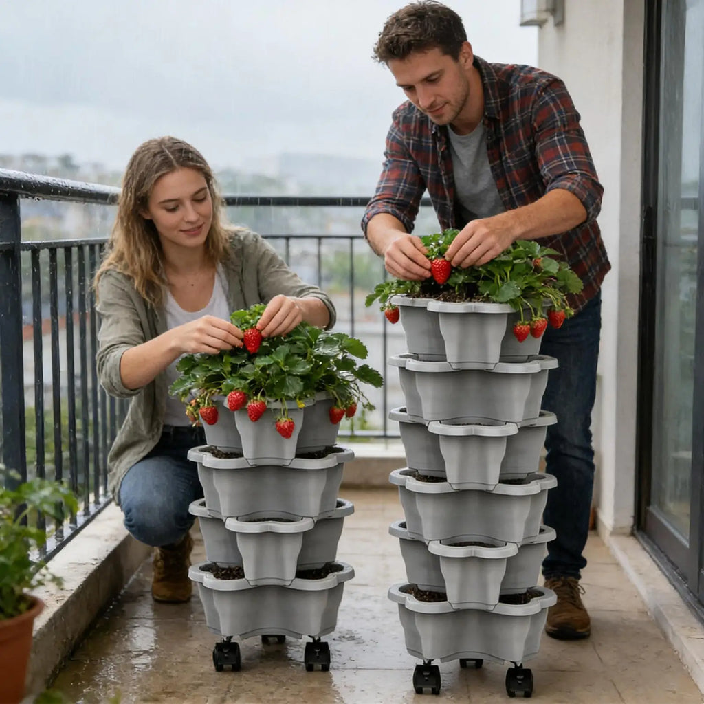 Two gray plastic vertical planter towers with four tiers and rolling wheels on a balcony