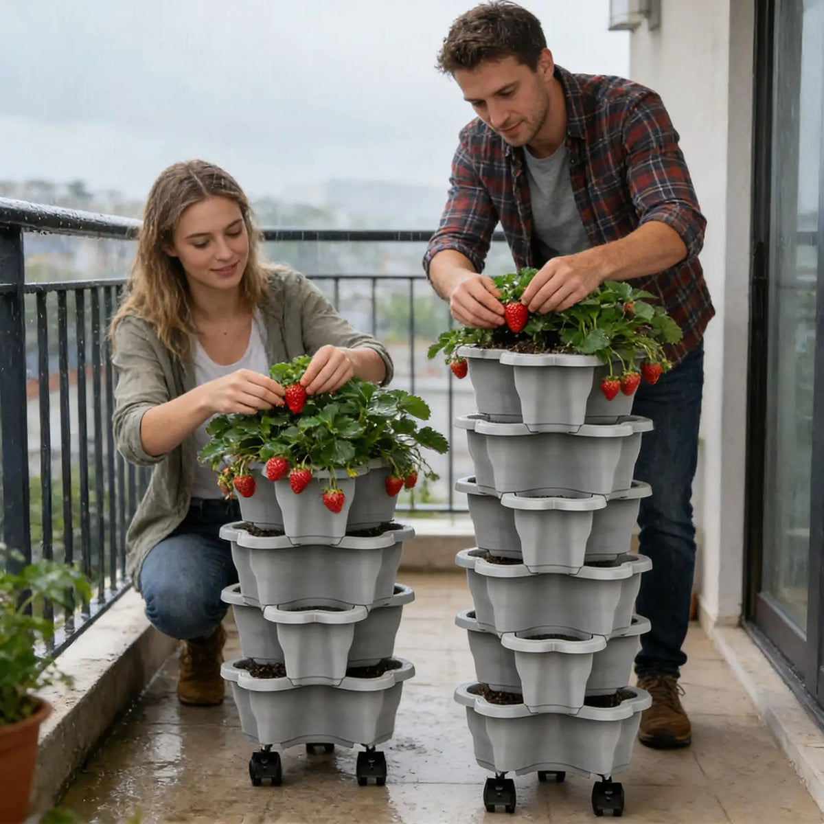 Two gray plastic vertical planter towers with four tiers and rolling wheels on a balcony