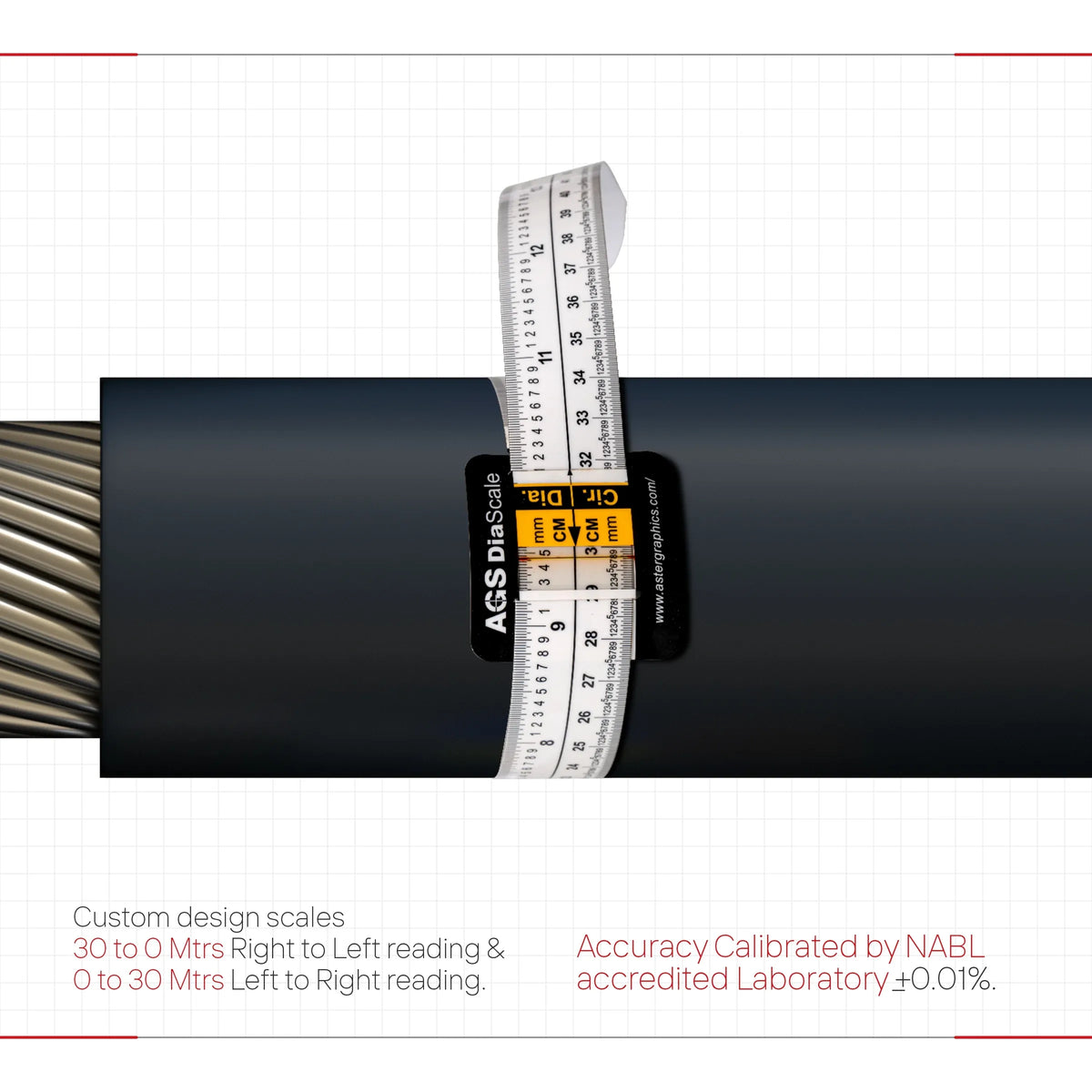 Flexible diameter measuring scale on dark pipe with inch and cm markings