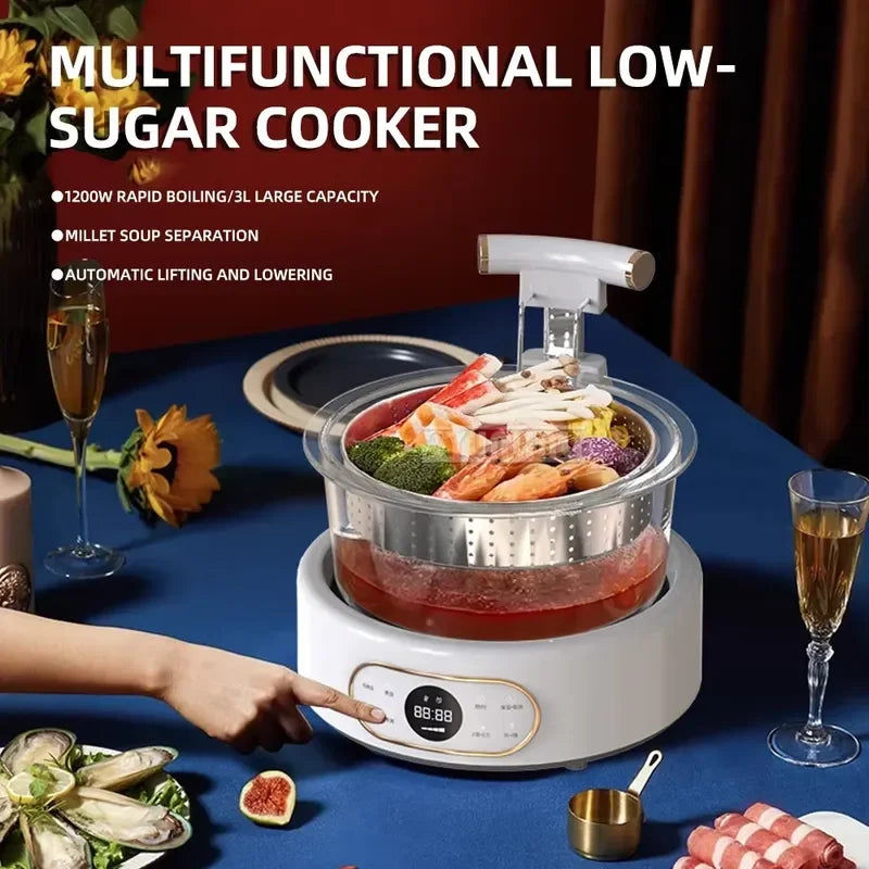 White multi-cooker steaming pot with stainless basket, clear lid, and digital control panel